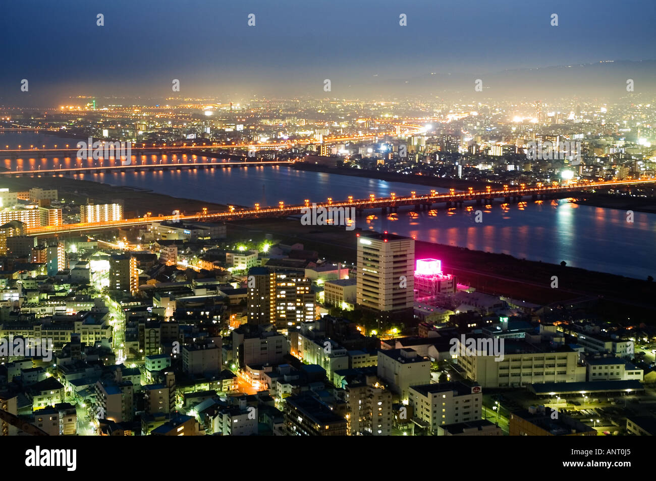 Stock photo of bridges over the Yodo River at night in Osaka Japan ...