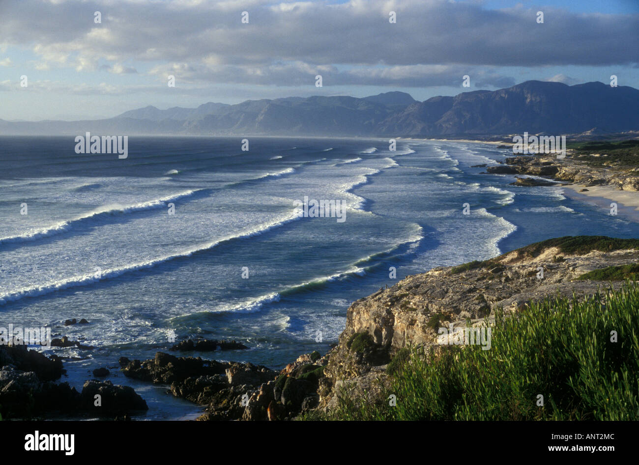 Indian Ocean at Walker Bay Marine Reserve with Klein River Mountains in distance Cape Overberg South Africa Stock Photo