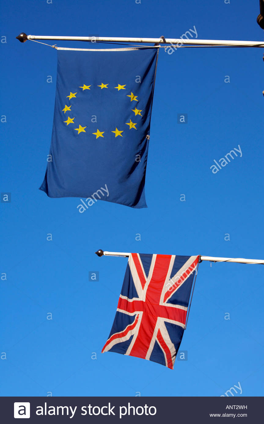 Union Jack and European union EU flag Stock Photo