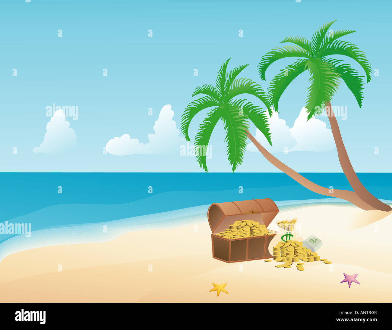 Pirate treasure on a tropical beach with palm trees Stock Photo - Alamy