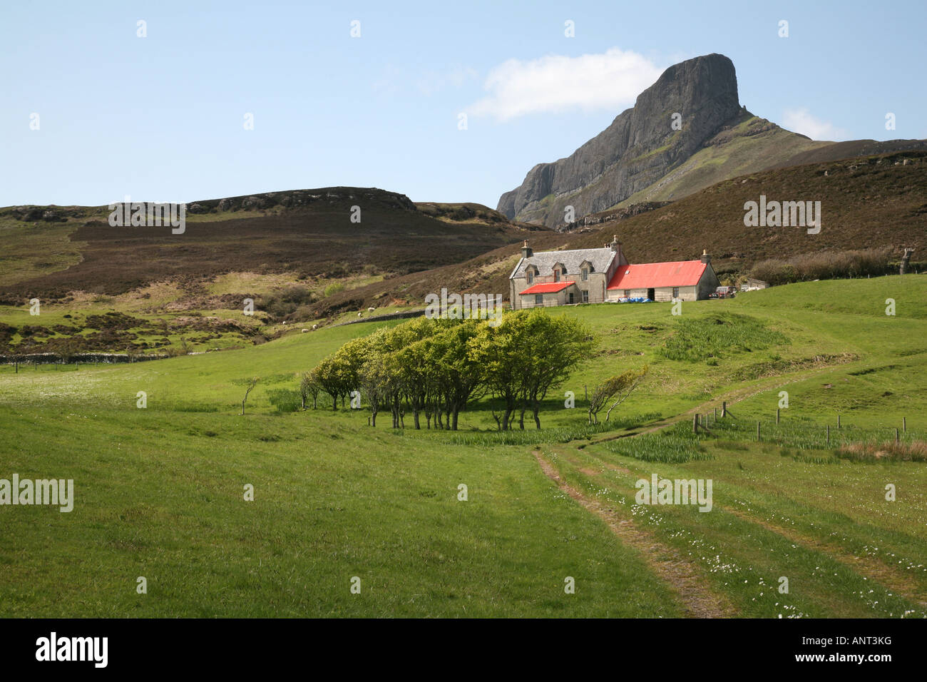 House with a red roof and An Sgurr, Eigg, Scotland Stock Photo