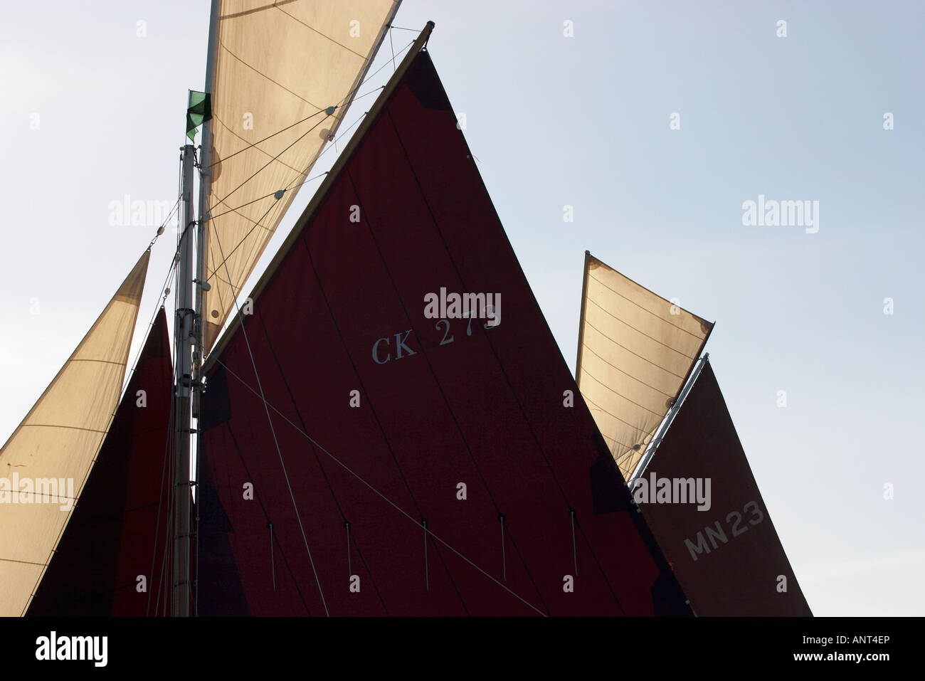 Traditional Gaff Rigged Sailing Boats Close Up of Sails Stock Photo