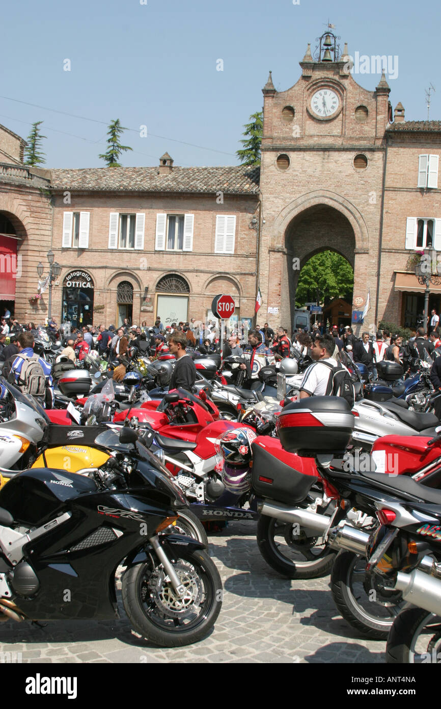 Motor bike rally in the piazza at Amandola Le Marche Italy. Stock Photo