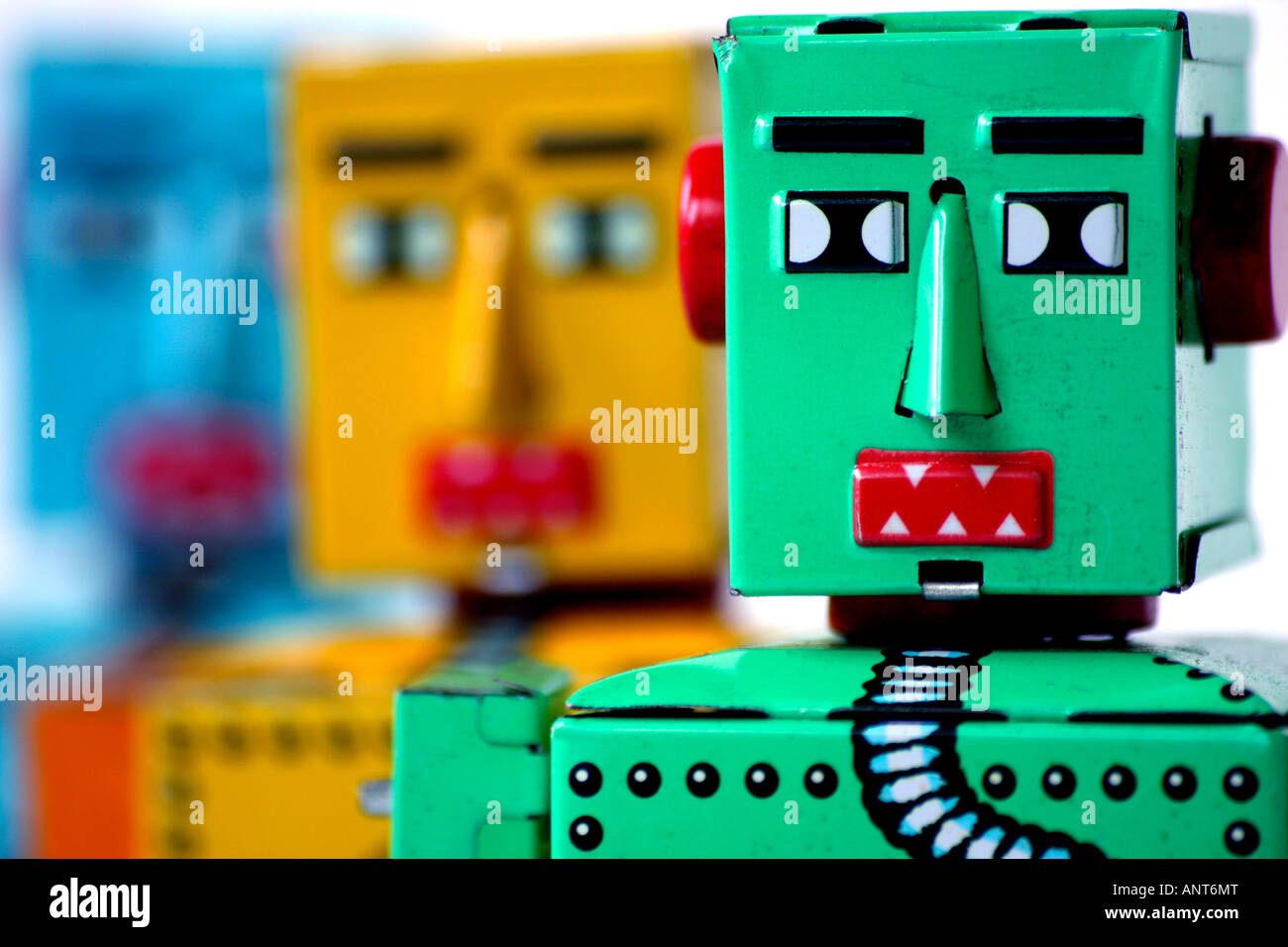 3 Chinese manufactured tinplate clockwork toy robots Stock Photo