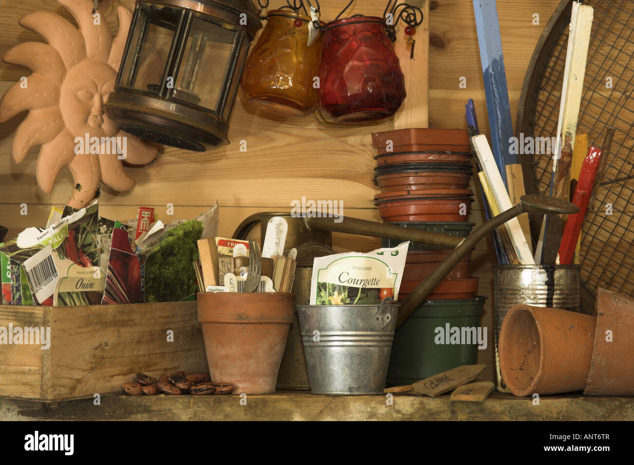 Garden Potting shed shelf with associated bits and pieces Stock Photo