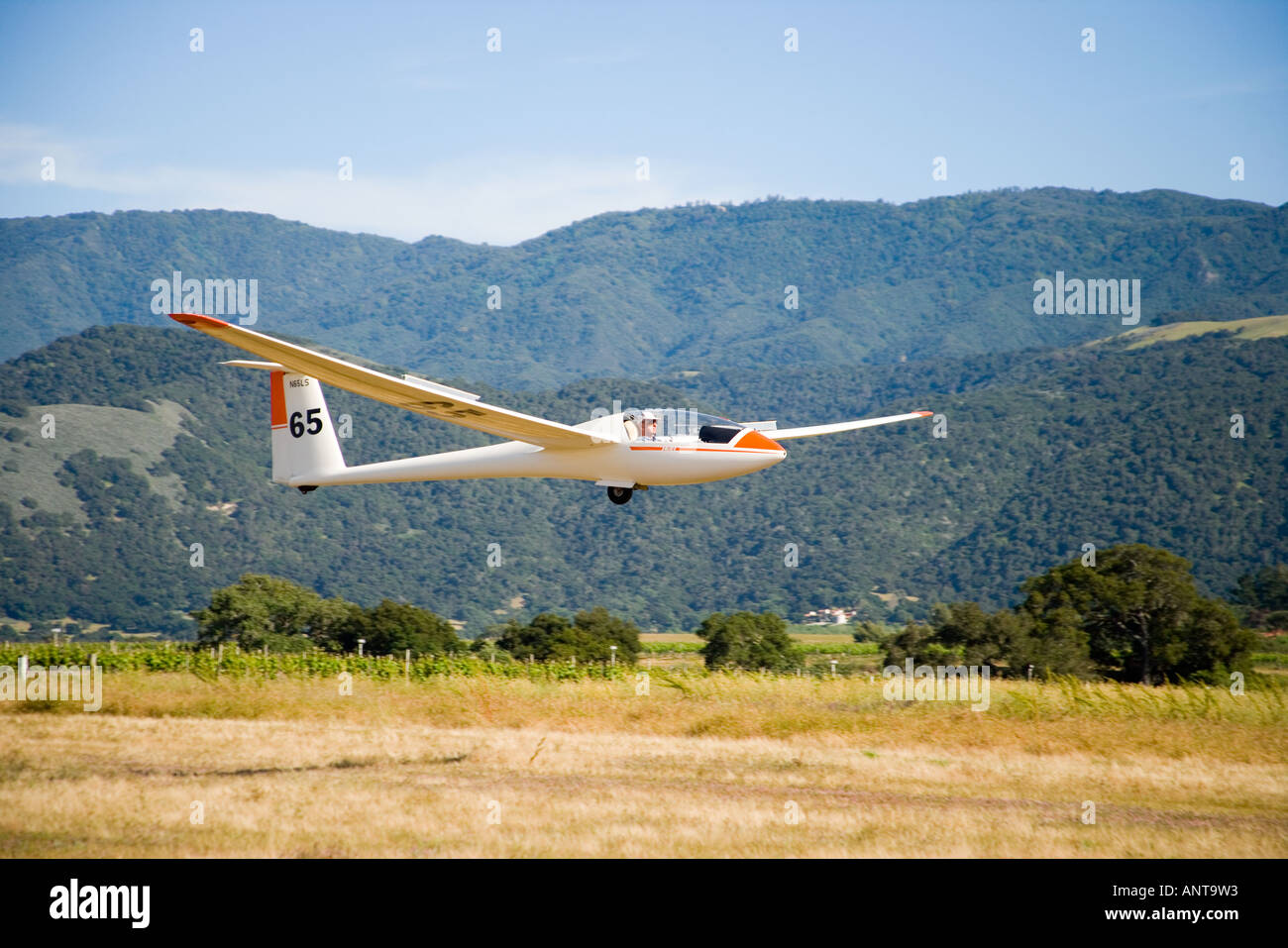 glider landing Santa Ynez Valley Gliderport Santa Ynez Valley near Santa Barbara California Stock Photo