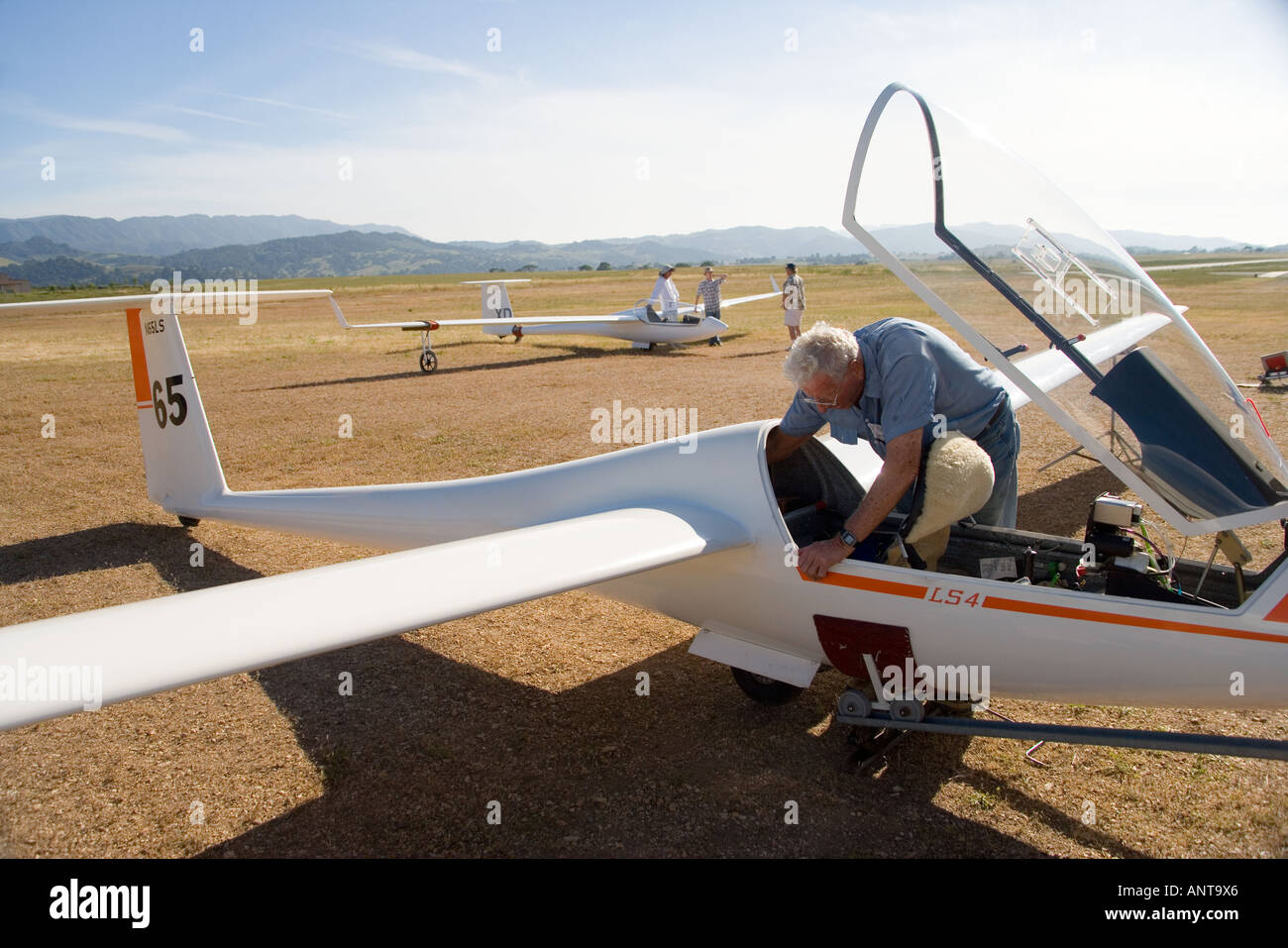 pilot prepares a glider for transport Santa Ynez Valley Gliderport Santa Ynez Valley near Santa Barbara California Stock Photo
