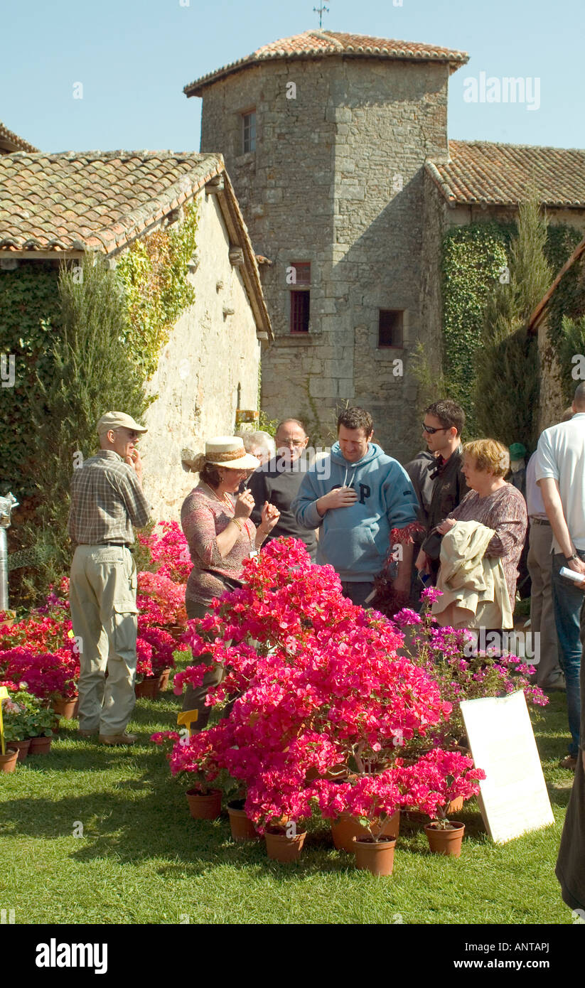 people enjoying looking buying plants at a garden show in a the grounds of a chateau in central france Stock Photo