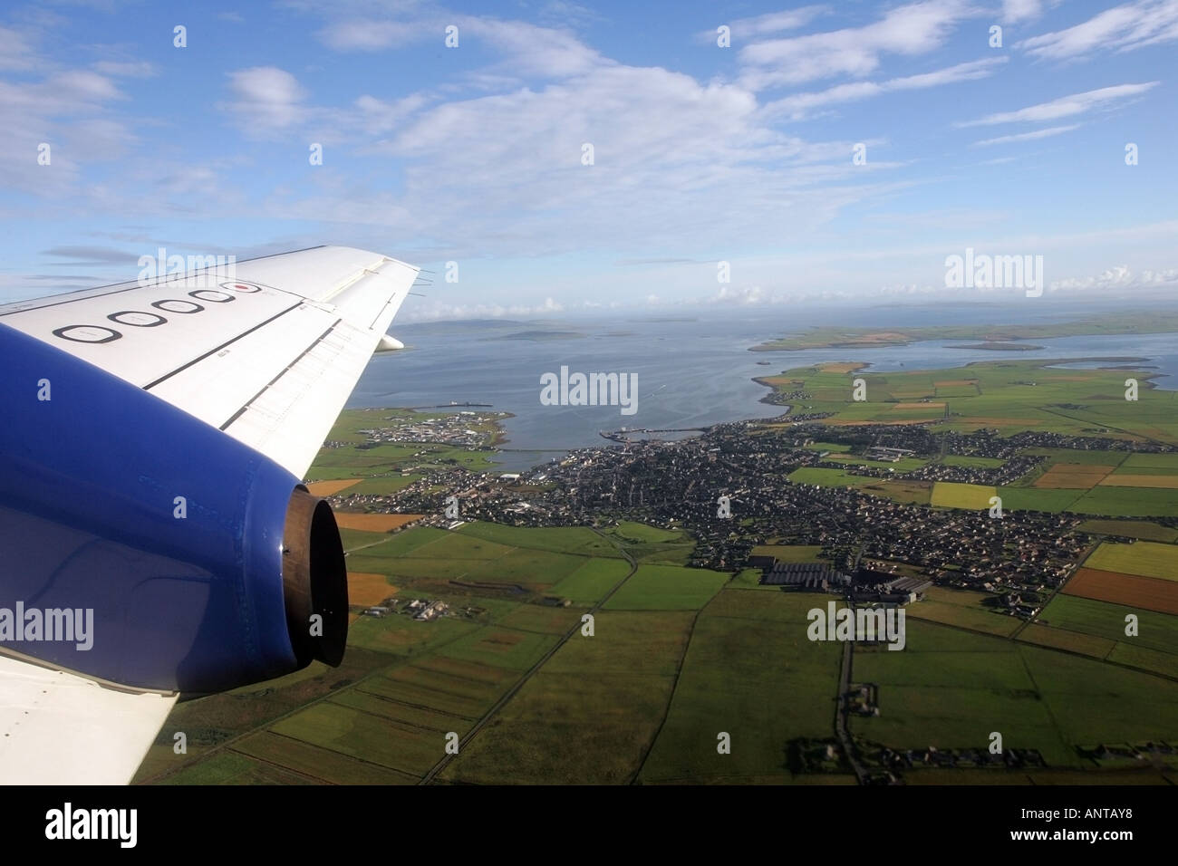 The town of Kirkwall on Orkney as seen after take off from Kirkwall airport through the window of a British Airways aircraft Stock Photo