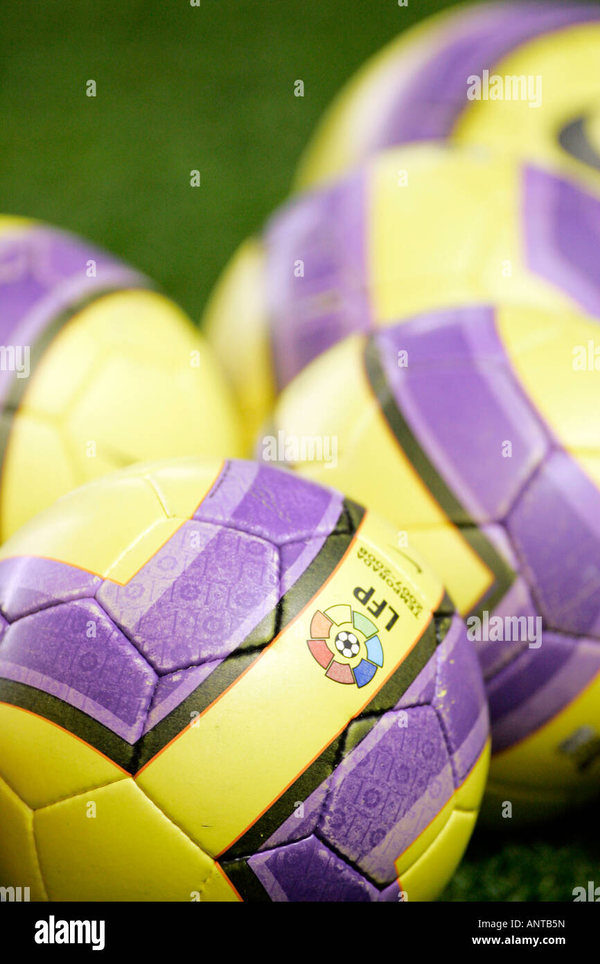 Iconic image of football balls on a pitch, showing the logo of the Spanish Liga (LFP) Stock Photo