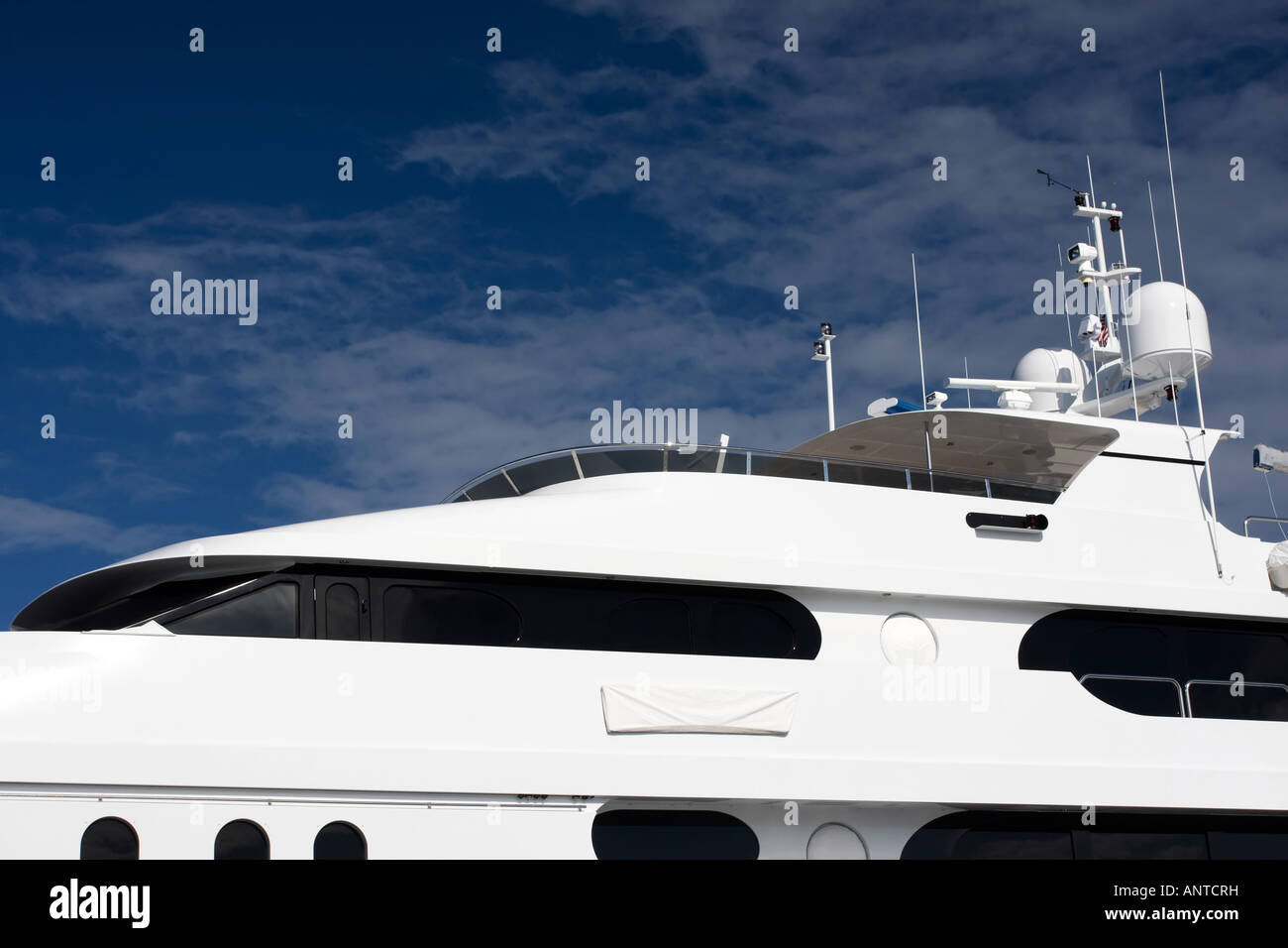 flying bridge of white mega yacht Stock Photo