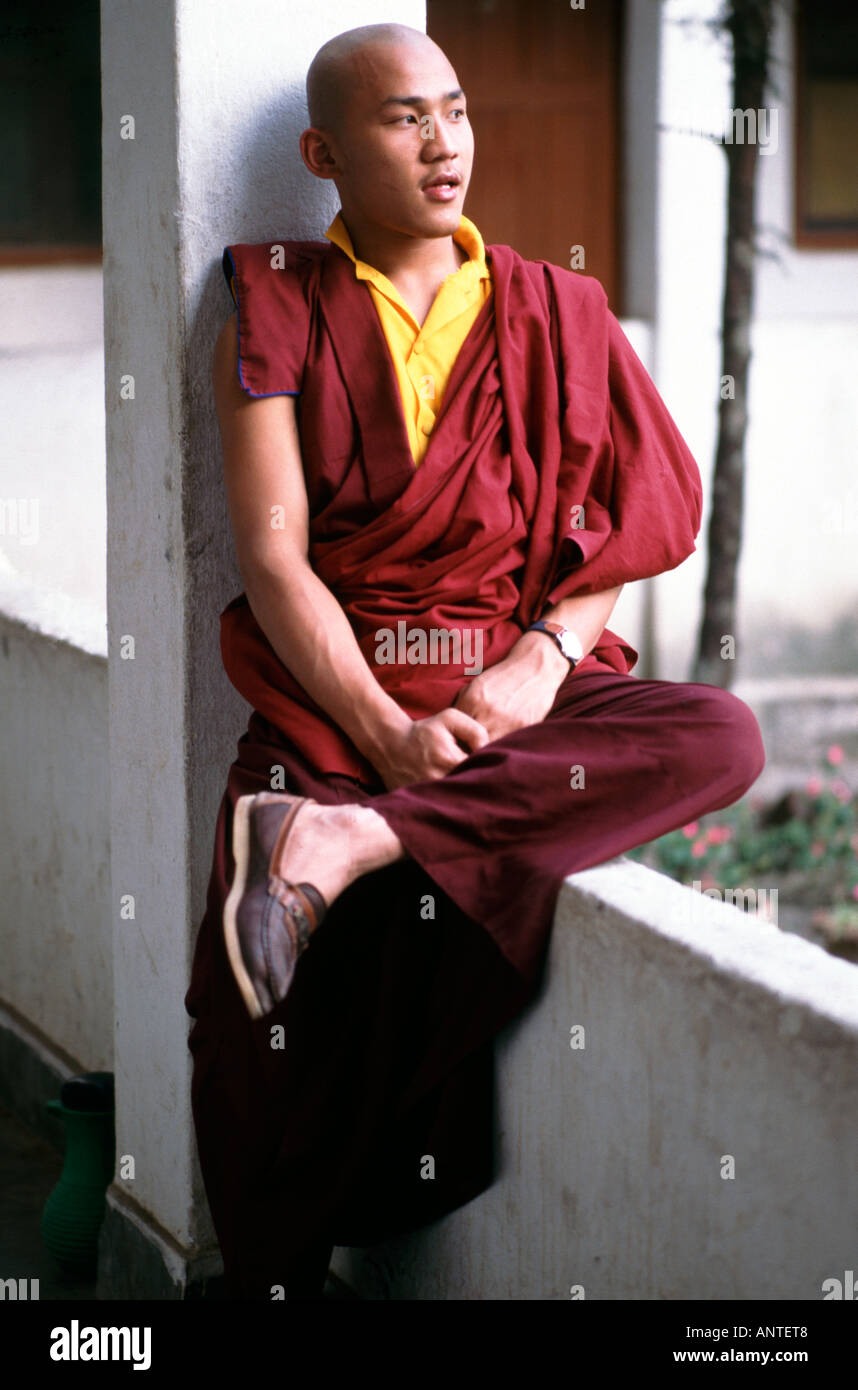 Tibetan Buddhist monk contemplating in a monastery in Nepal. Stock Photo