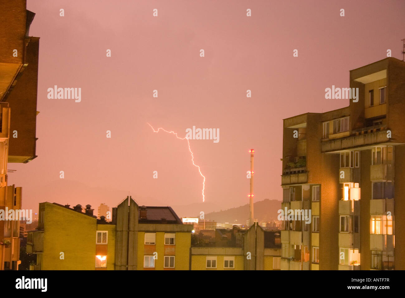 Lightning over residential area of Ljubljana Slovenia Stock Photo Alamy