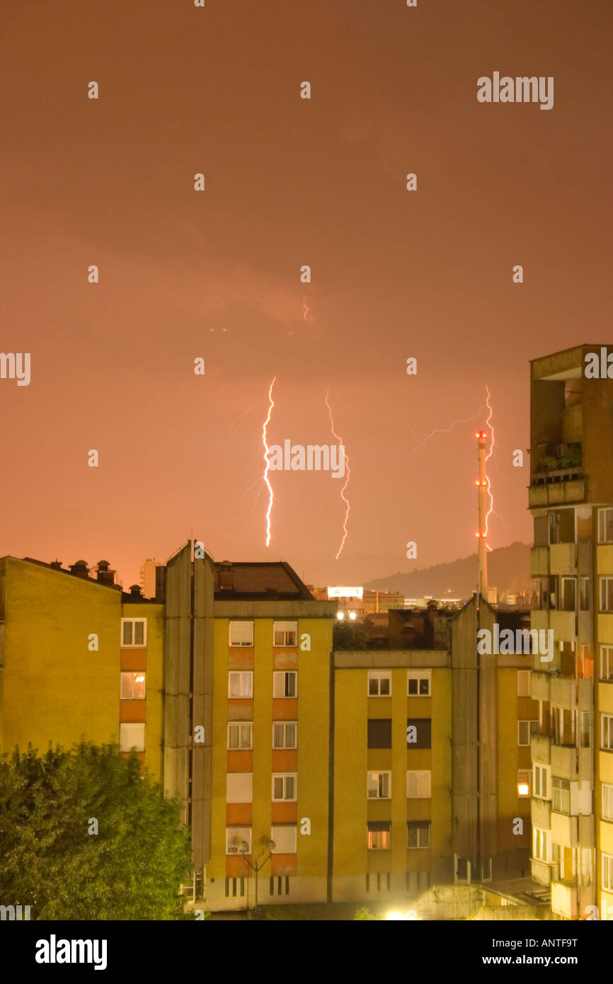 Lightning over residential area of Ljubljana Slovenia Stock Photo Alamy