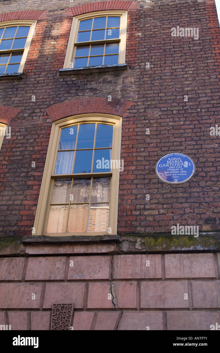 Blue plaque 'Anna Maria Garthwaite lived here', Princelet Street Spitalfields London E2 Stock Photo