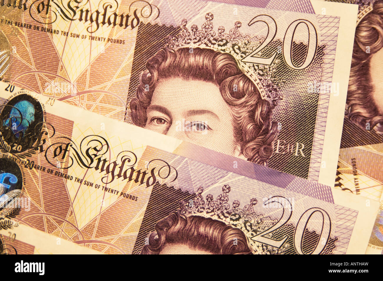 UK British English sterling currency  £20 twenty pound notes close up Stock Photo