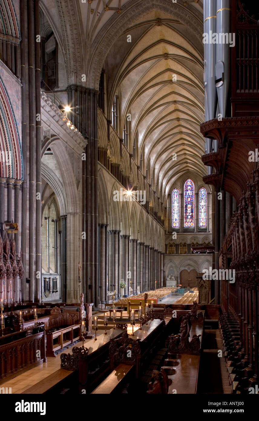 Interior of Salisbury Cathedral, England from Choir to west end Stock Photo