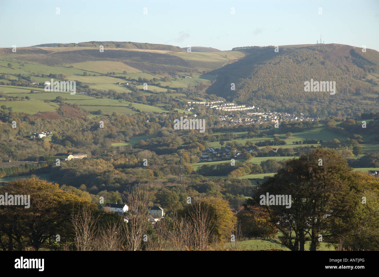 Lower Machen Village and Machen Mountain from Rudry Mountain Stock Photo