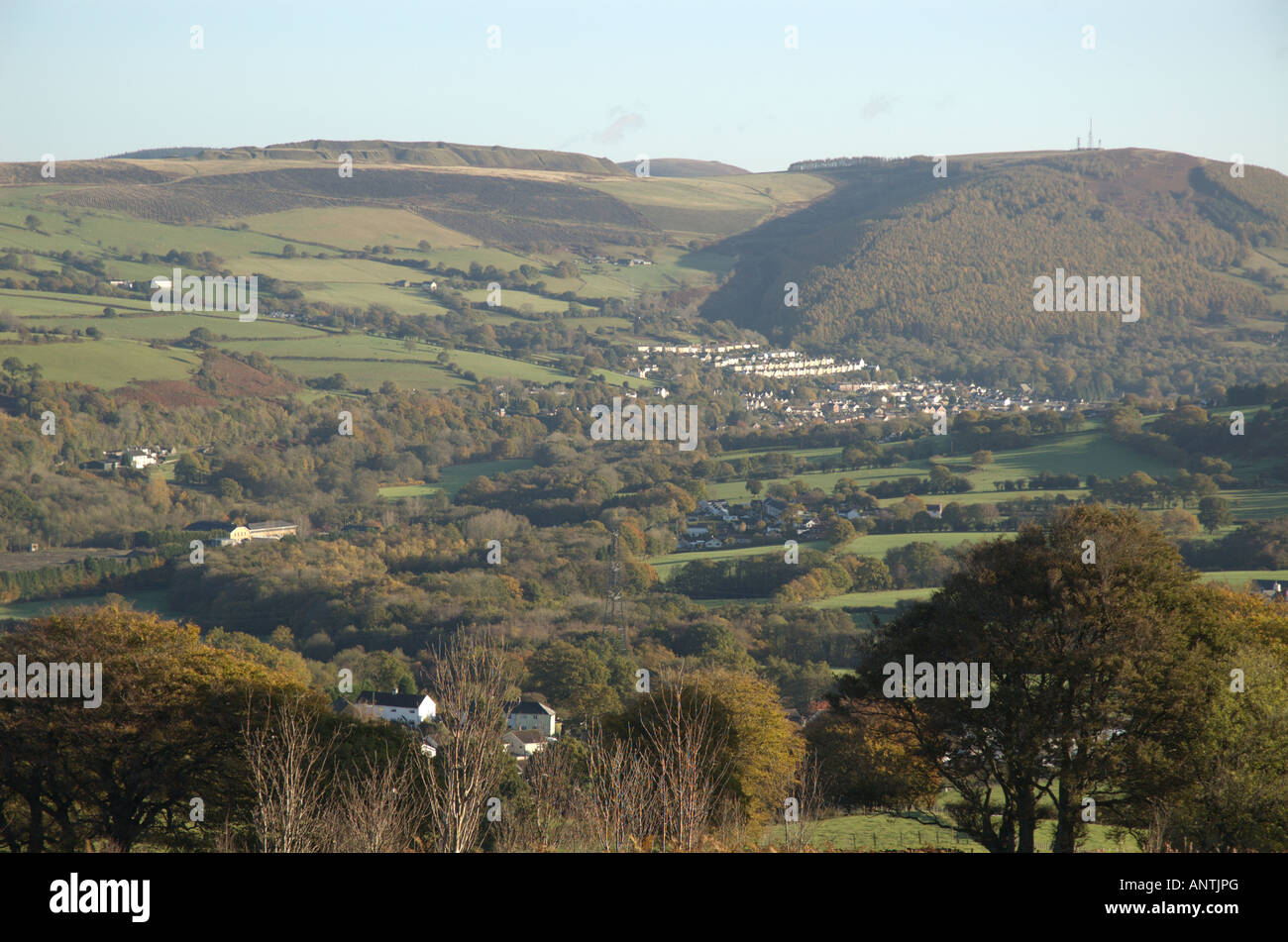 Lower Machen Village and Machen Mountain from Rudry Mountain Stock ...