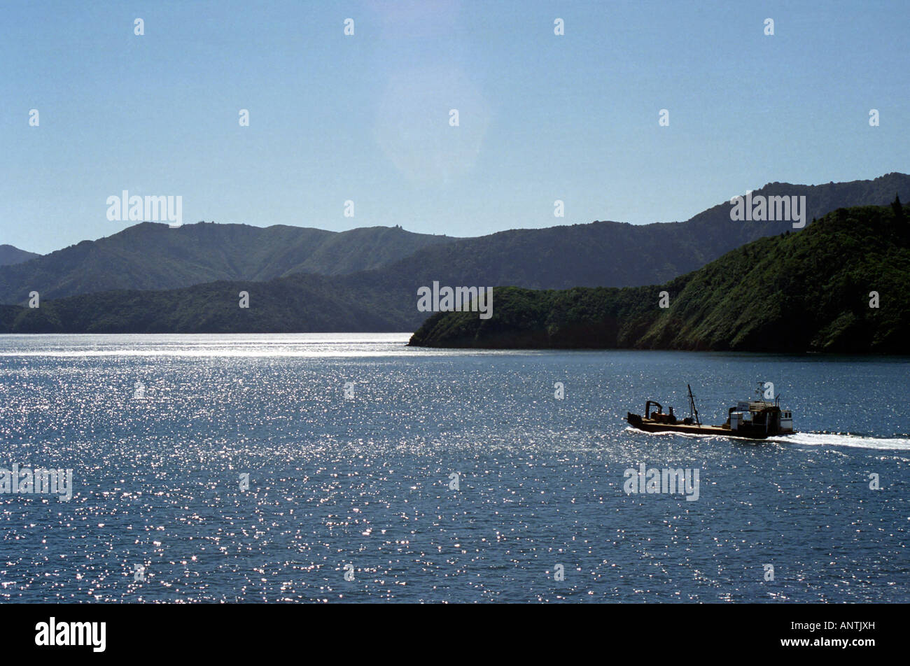 Fishing trawler, Marlborough Sounds, South Island, New Zealand Stock
