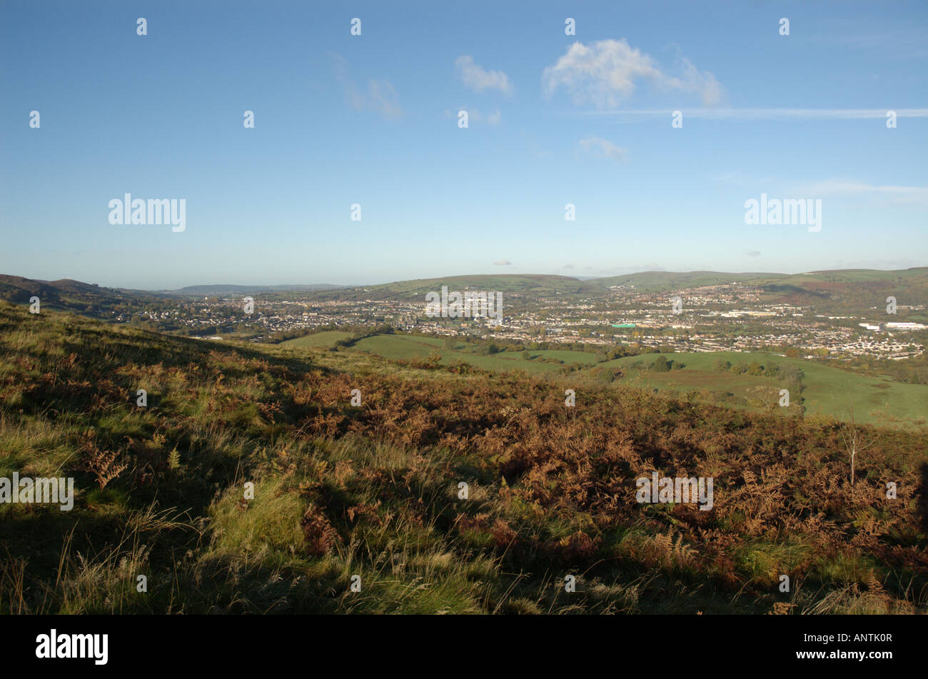 Caerphilly Town and Rhymney Valley from lower slopes of Rudry Mountain