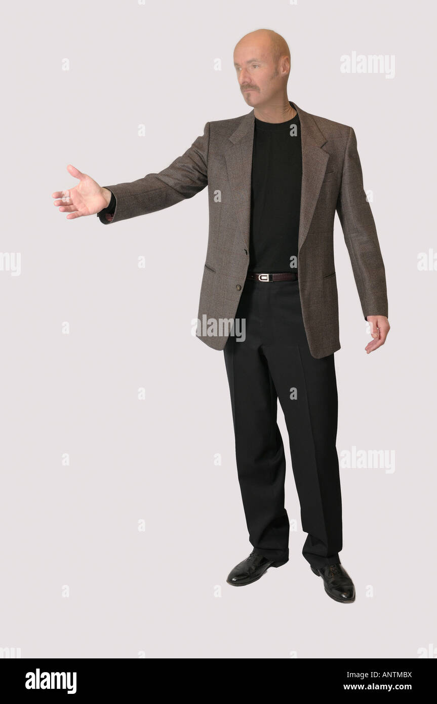 Cutout of man with nylon stocking over head in jacket extending hand in welcome Stock Photo