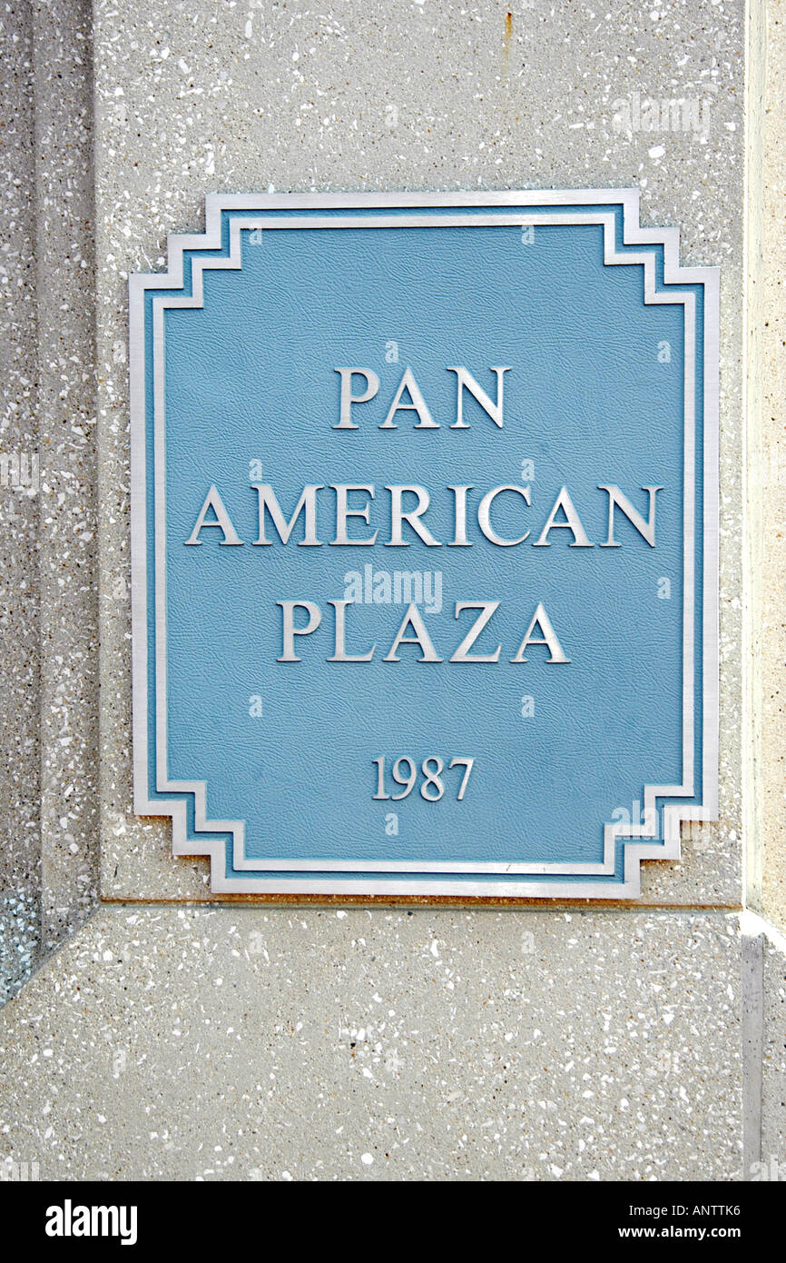 The Pan Am Plaza sign in Downtown Indianapolis Indiana, IN Stock Photo
