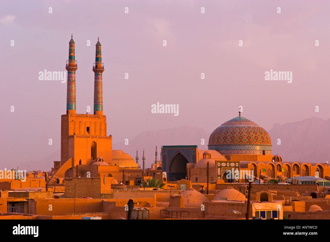 Panorama of Yazd and Jame Mosque late in the afternoon Yazd Iran Stock Photo