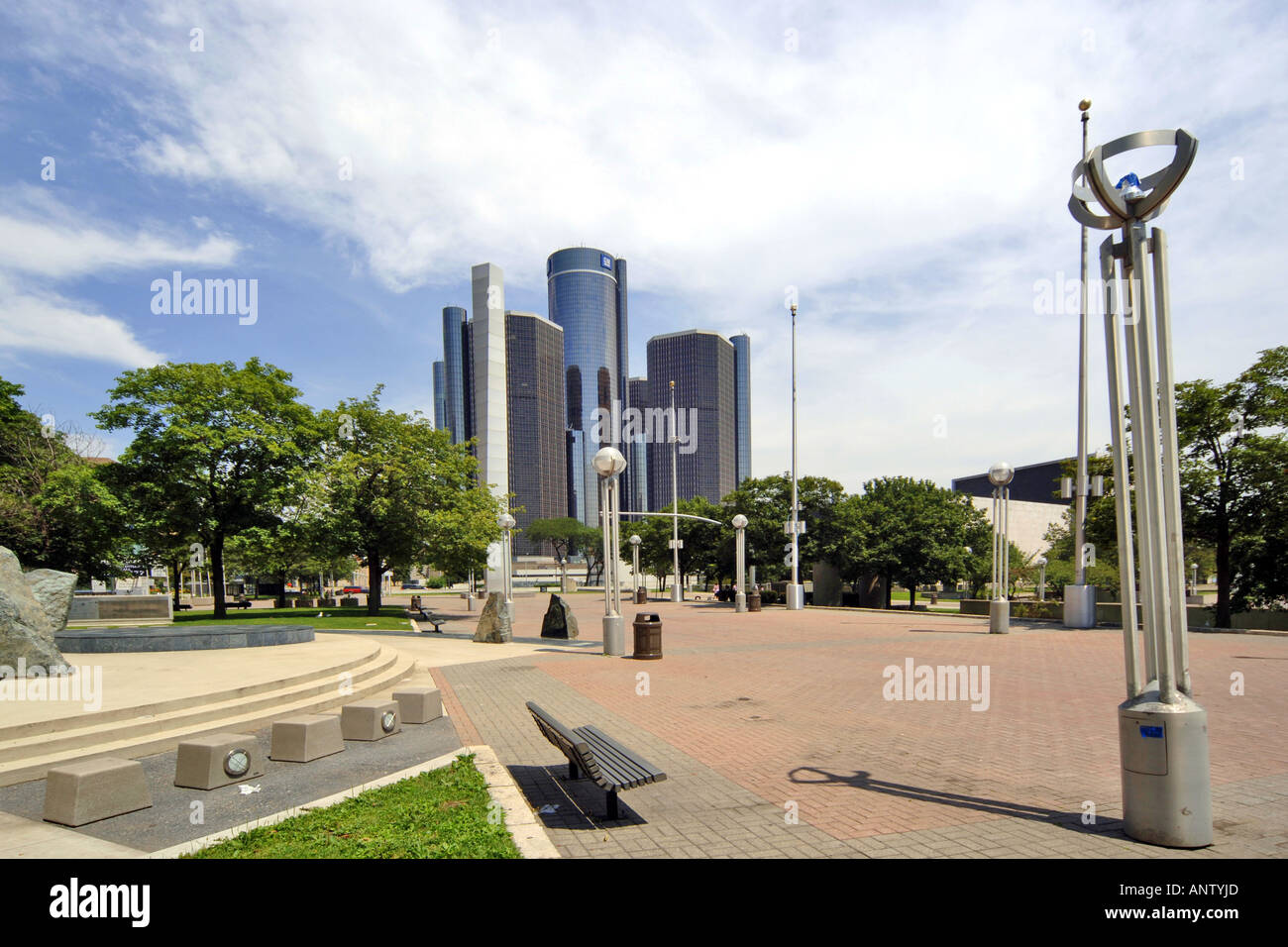 Sculptures on the riverfront in downtown Detroit city Michigan MI Stock ...