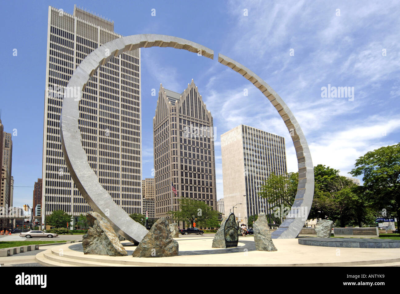 Sculptures on the riverfront in downtown Detroit city Michigan MI Stock