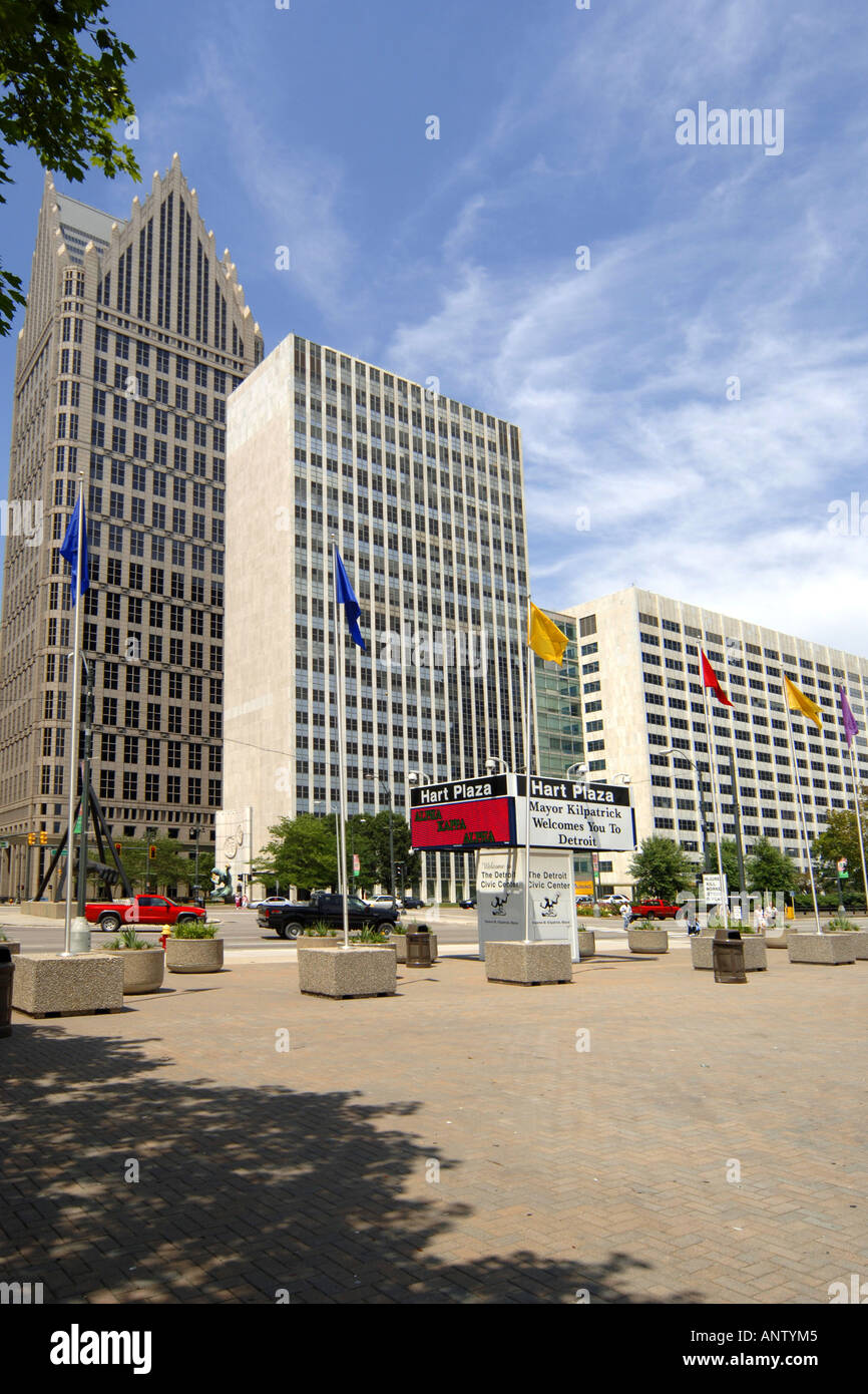 Buildings around the riverfront plaza in downtown Detroit city Michigan ...