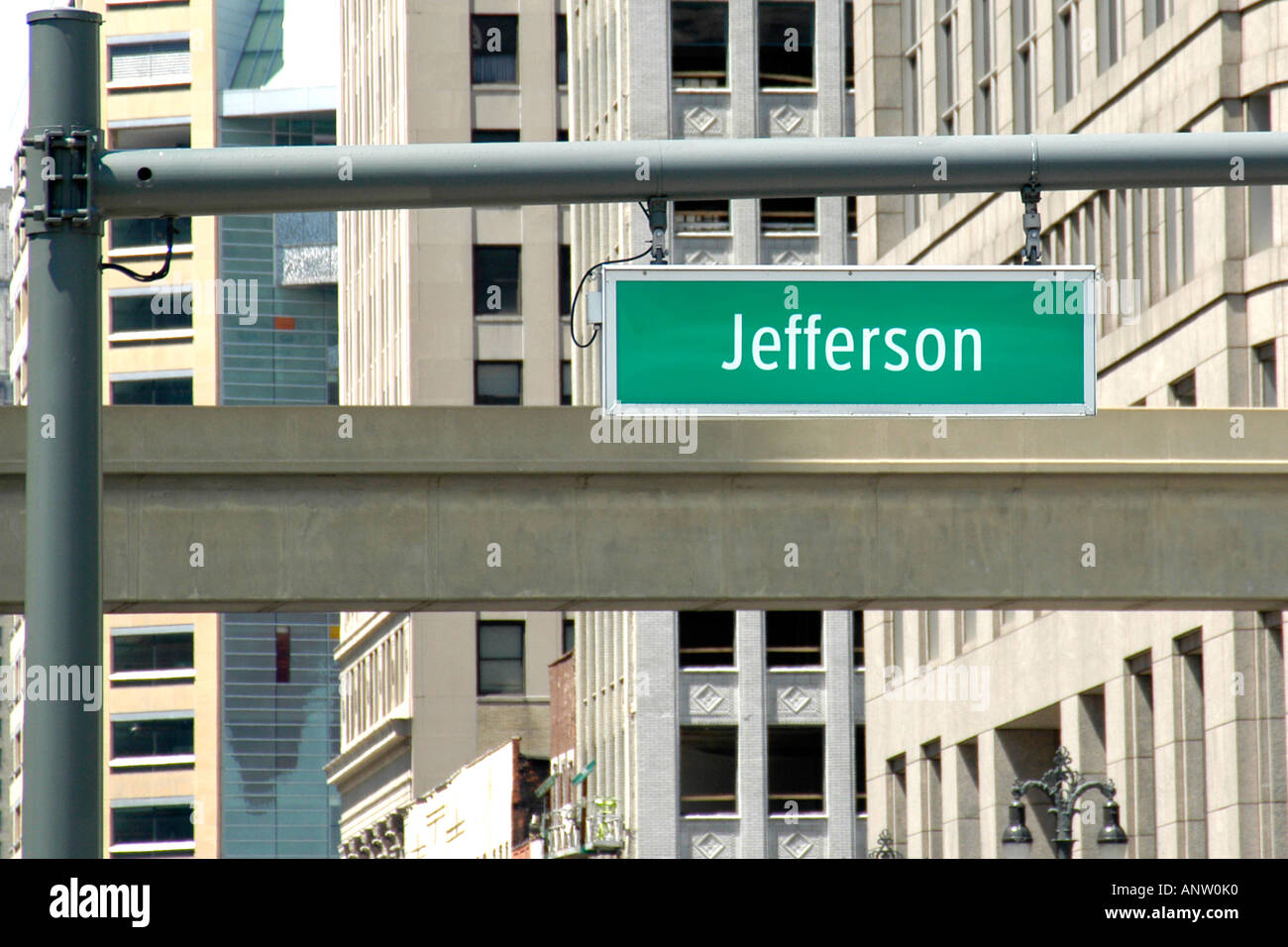 Jefferson Street overhead sign in downtown Detroit city Michigan MI