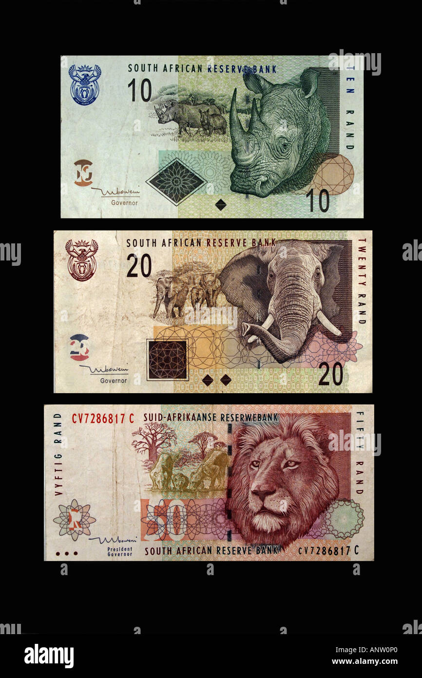 Ten, Twenty and Fifty Rand South African note against a black background. Stock Photo