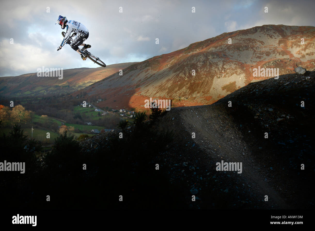 Gee Atherton gets some Air at a Welsh Quarry. Stock Photo