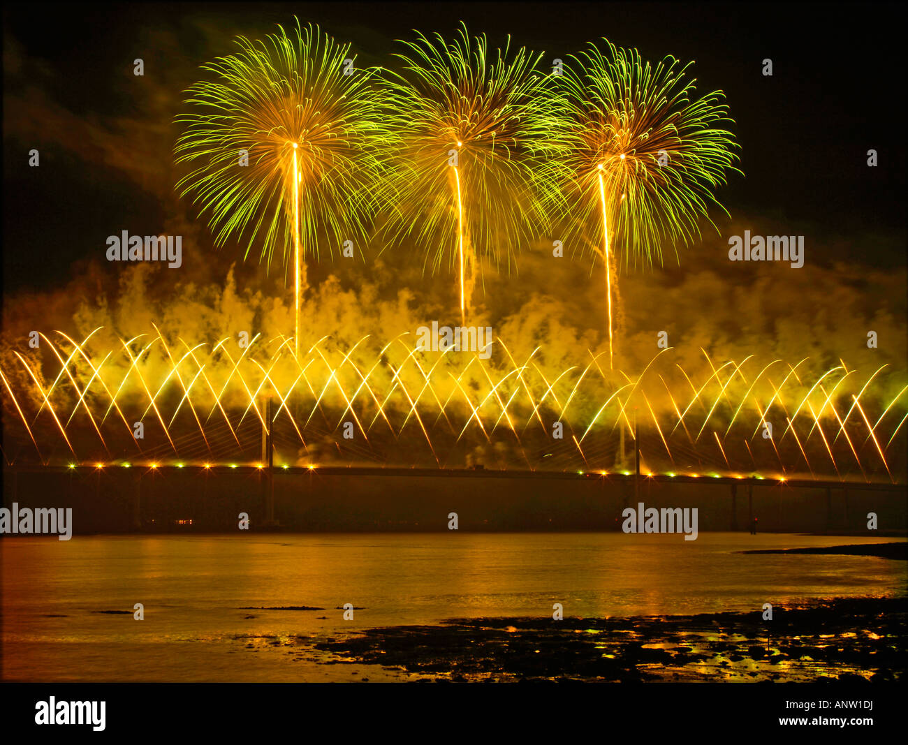Fireworks display on Kessock Bridge Inverness above the Moray Firth Stock Photo