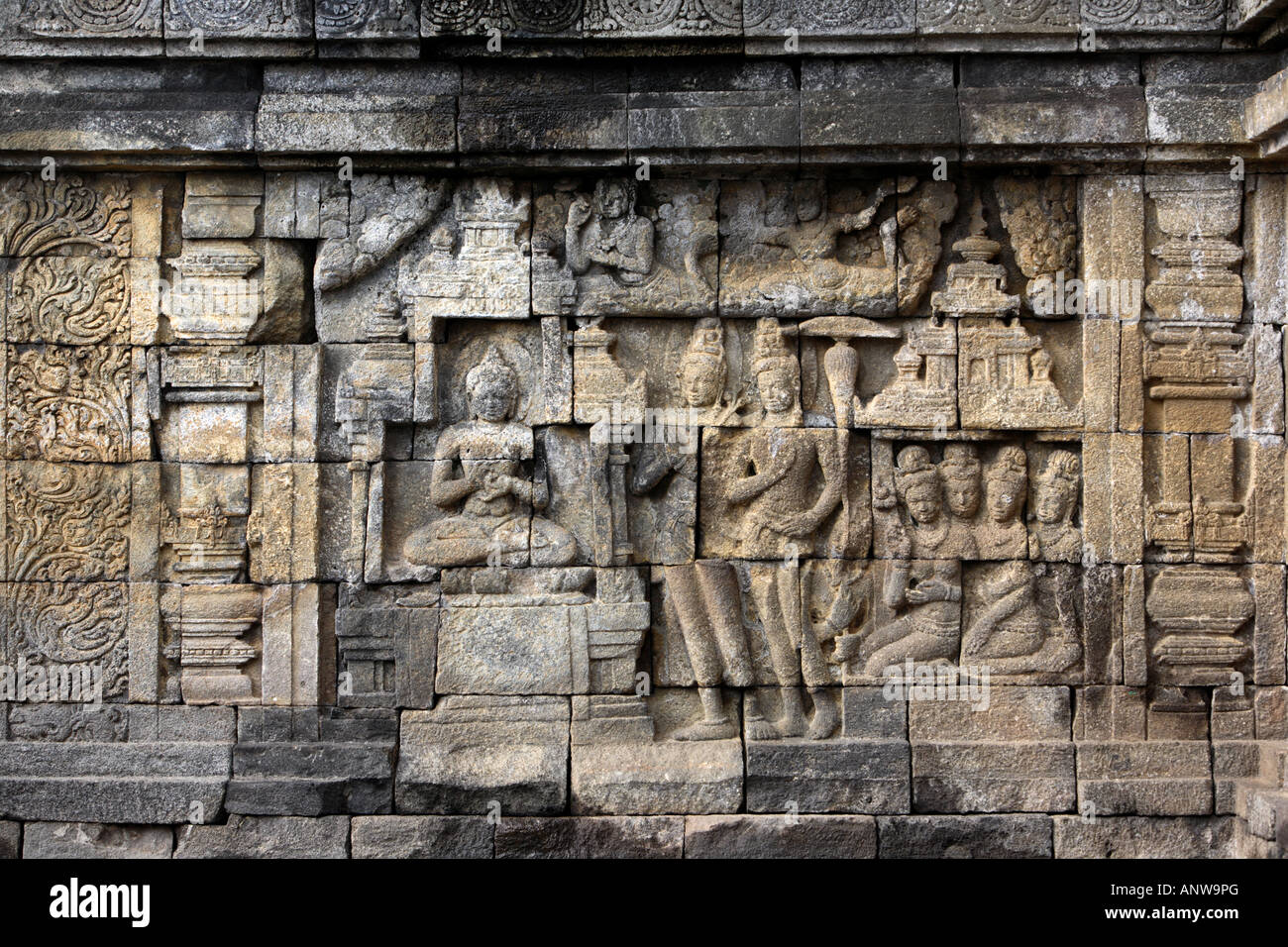 Buddhist base relief carving Borobudur Java Indonesia Stock Photo