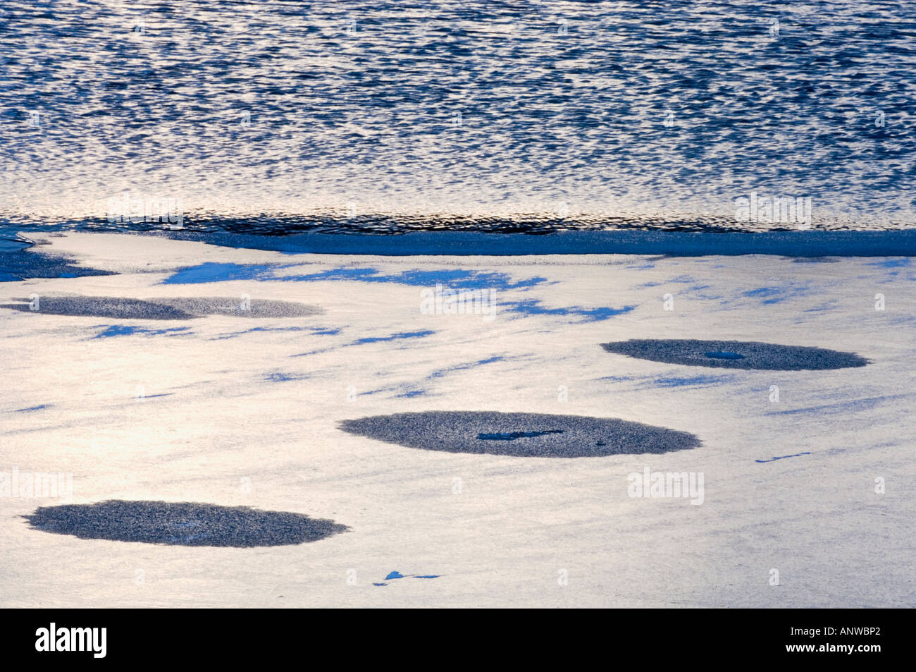 Ice patterns at edge of Vermilion Lakes near sunset, Banff National Park, Alberta, Canada Stock Photo
