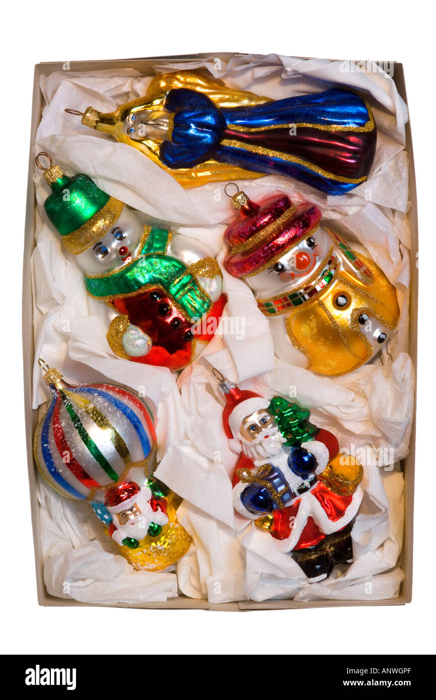 Christmas tree decorations in a box Stock Photo Alamy