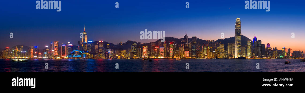 The dramatic skyline of Hong Kong glowing at dusk Stock Photo