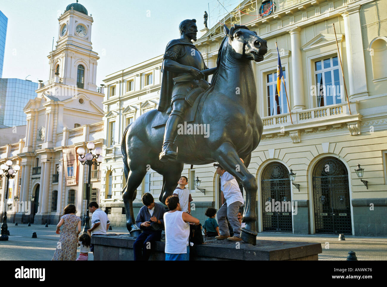 Statue of Don Pedro de Valdivia in the Plaza de Armas in Santiago Chile Stock Photo