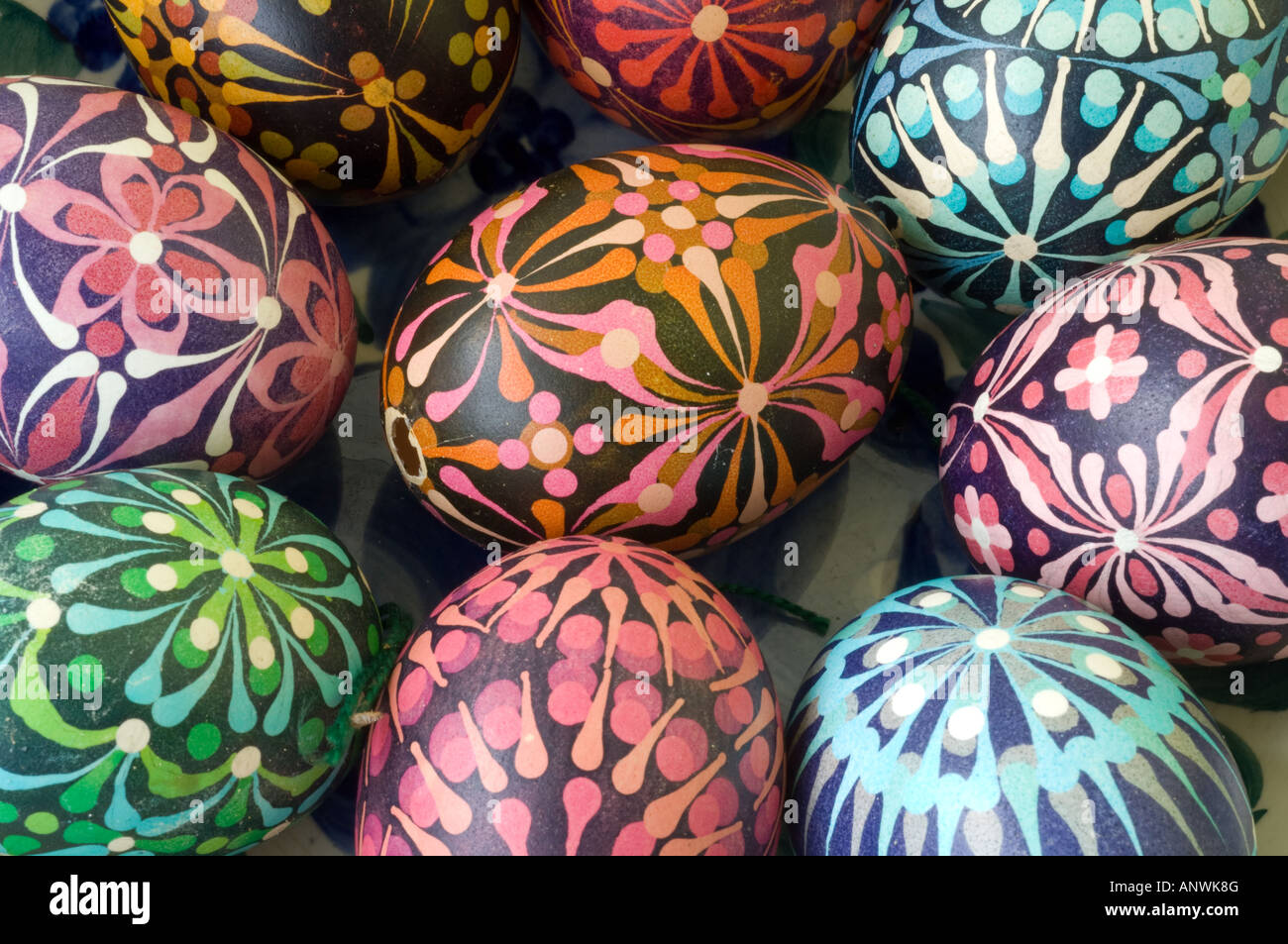 Collection of Easter Eggs decorated using batik method by Krystyna Majewska from Gdansk, Poland Stock Photo