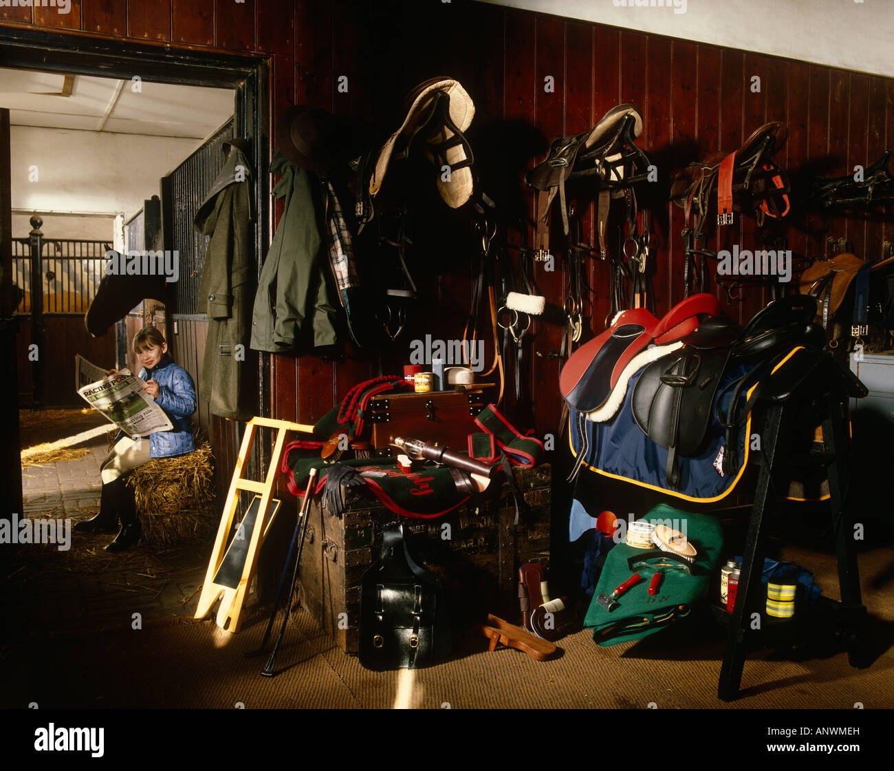 Stable with tack, horse and young rider Stock Photo Alamy