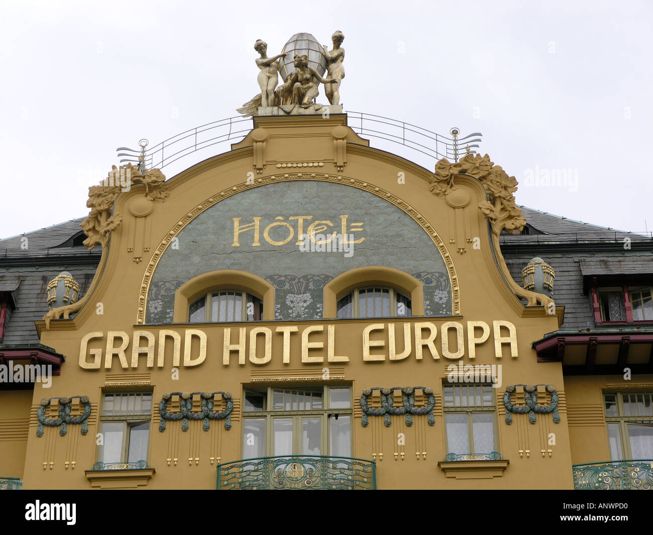 Art nouveau facade, The Grand Hotel Europa Wenceslas Square Prague Czech Republic Stock Photo