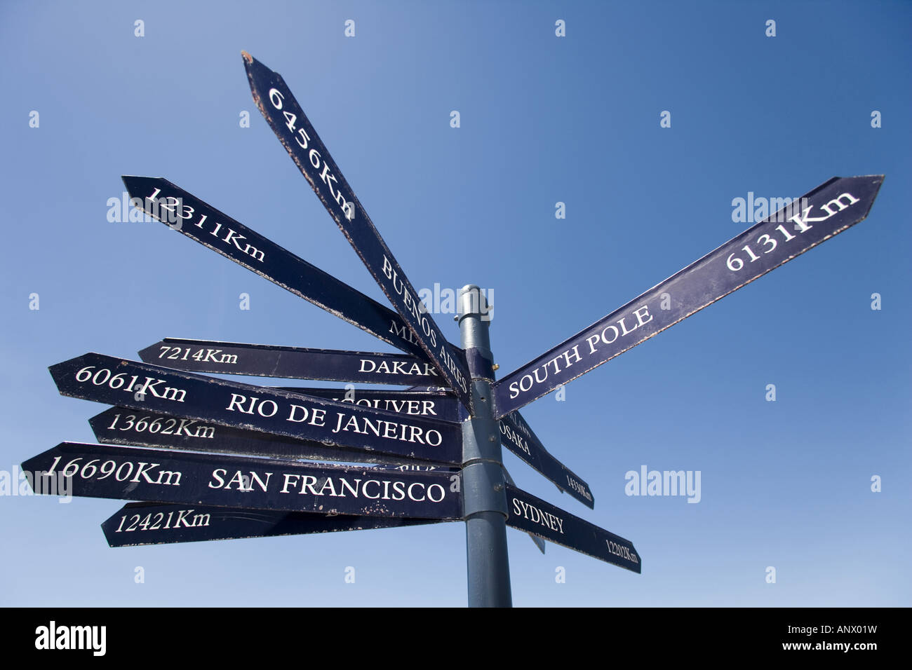 direction signs to different metropolis, South Africa, Capetown Stock Photo