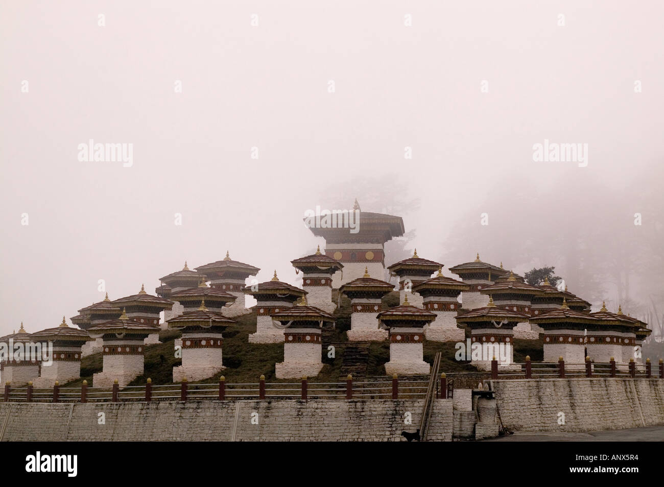 Chorten at Dochulu pass on the way from Thimpu to Wandue Phodrang in Bhutan Stock Photo