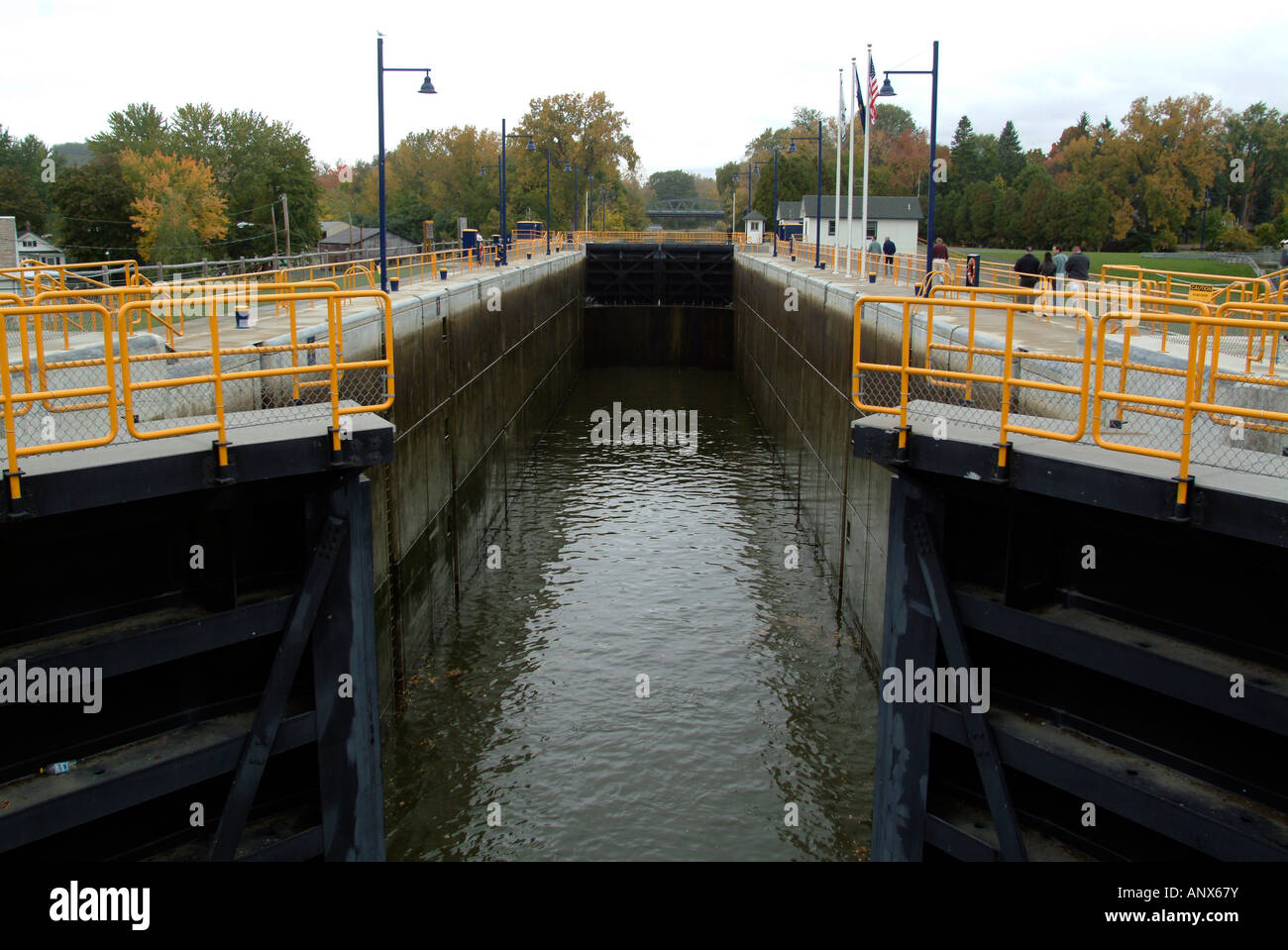 Erie Canal Waterford New York NY gate opening on lock to allow a ship