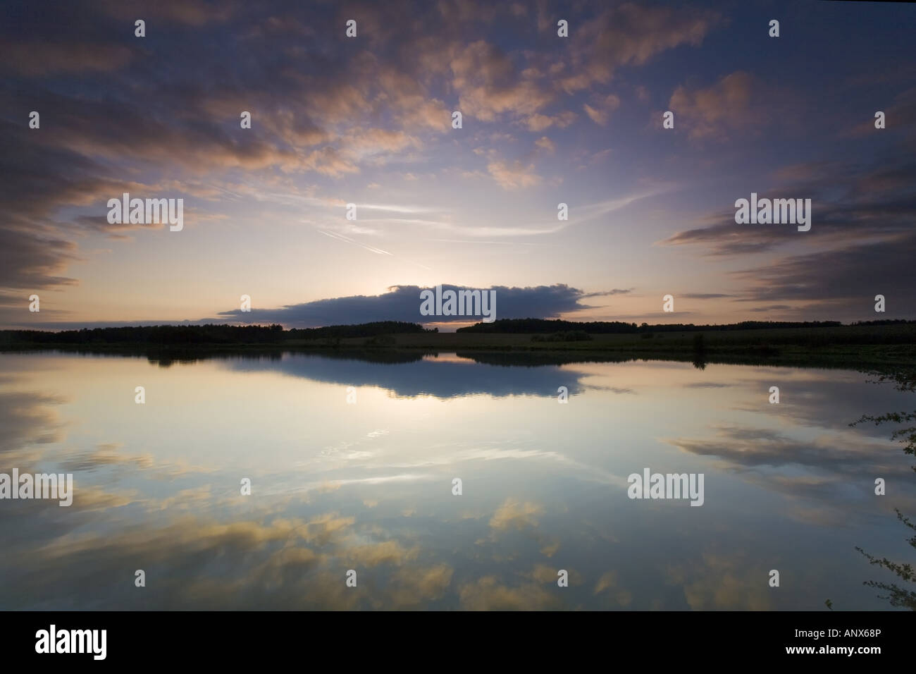 sunrise at a lake, Germany, Saxony, Vogtlaendische Schweiz, Jocketa Stock Photo