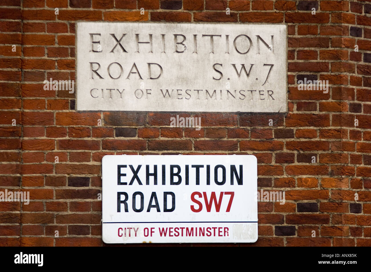 Exhibition Road sign Royal Geographical Society South Kensington London England Stock Photo