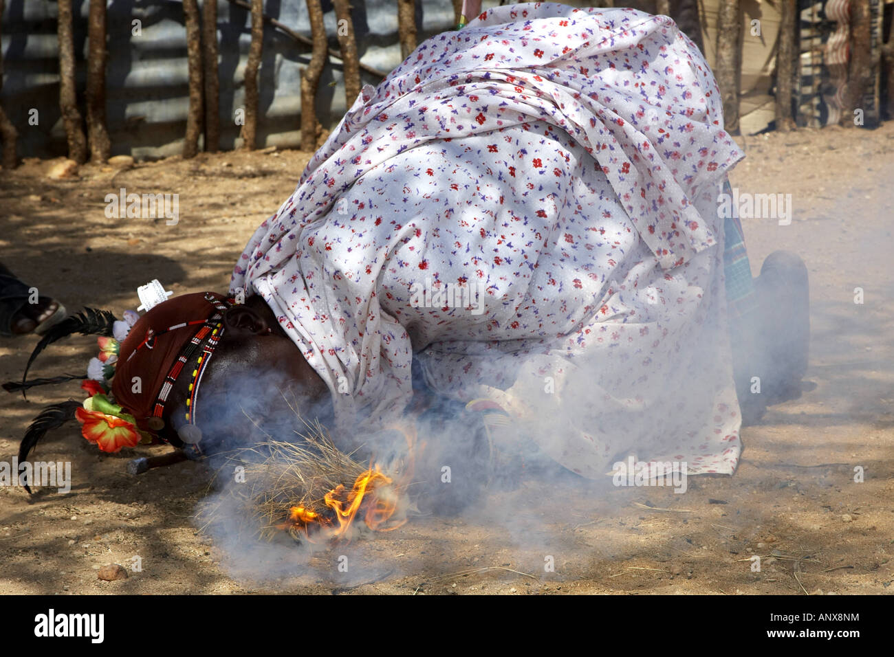 making fire traditional, Kenya, Samburu Gebiet, Isiolo Stock Photo