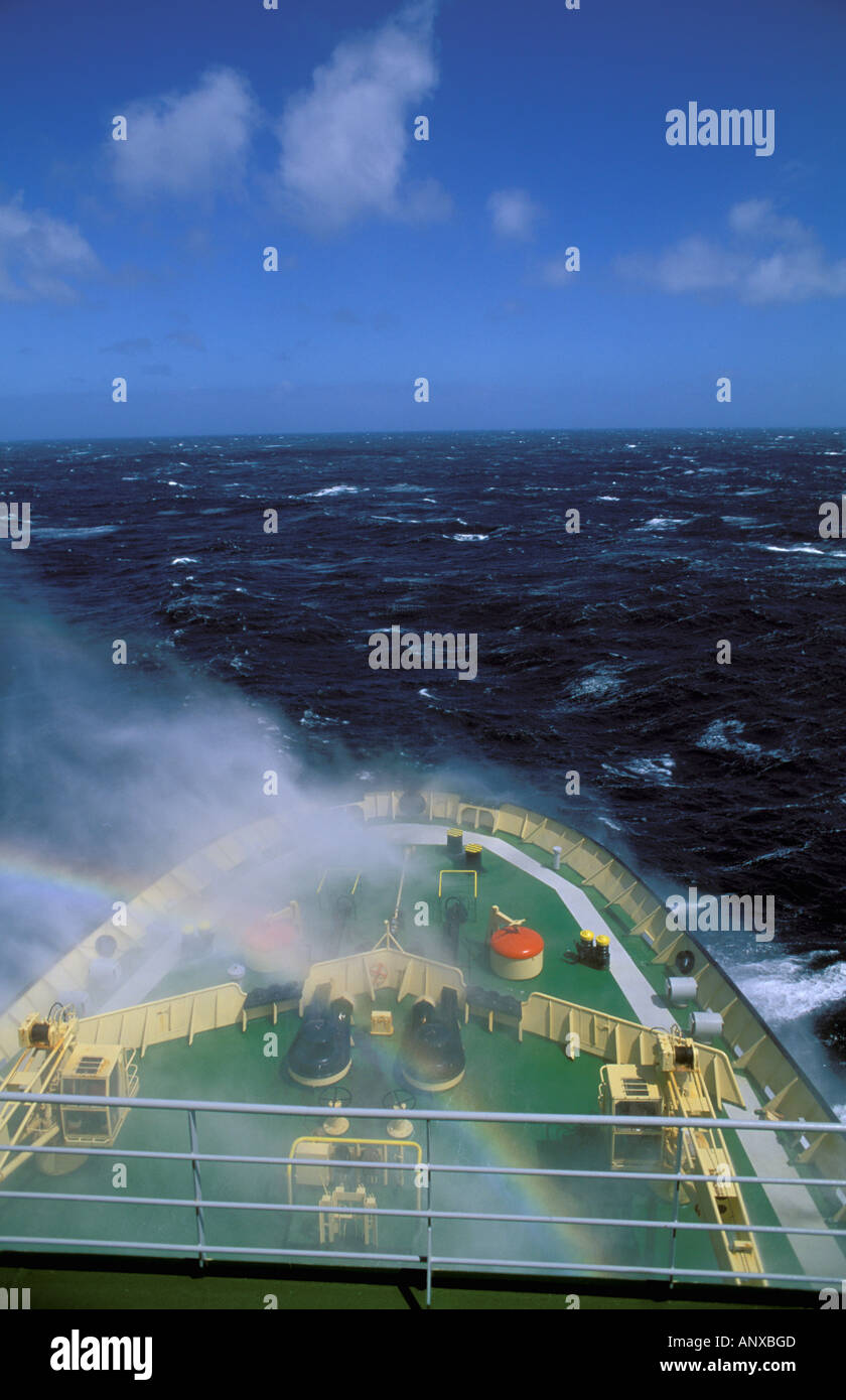 Antarctica, Antarctic Peninsula. Waves breaking over bow of Kapitan Khlebnikov, Russian ice breaker. Stock Photo